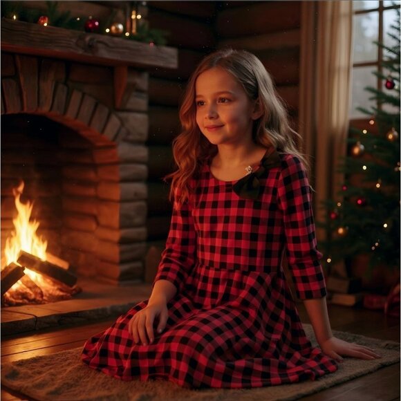 Girls Red Black Plaid Dress ✦ Fabkids XL ✦ Vegan Leather Bow ✦ Holiday Partywear - Picture 3 of 6
